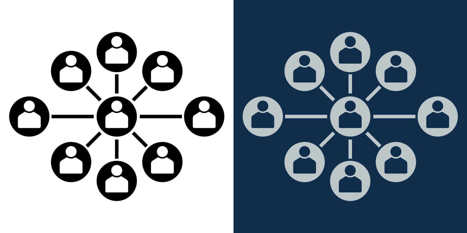 Social Network Connection Icon. People Community Structure, Communication and Teamwork Concept, Black and White Business Network Symbol on Light and Dark Background, Digital Collaboration Illustration vector