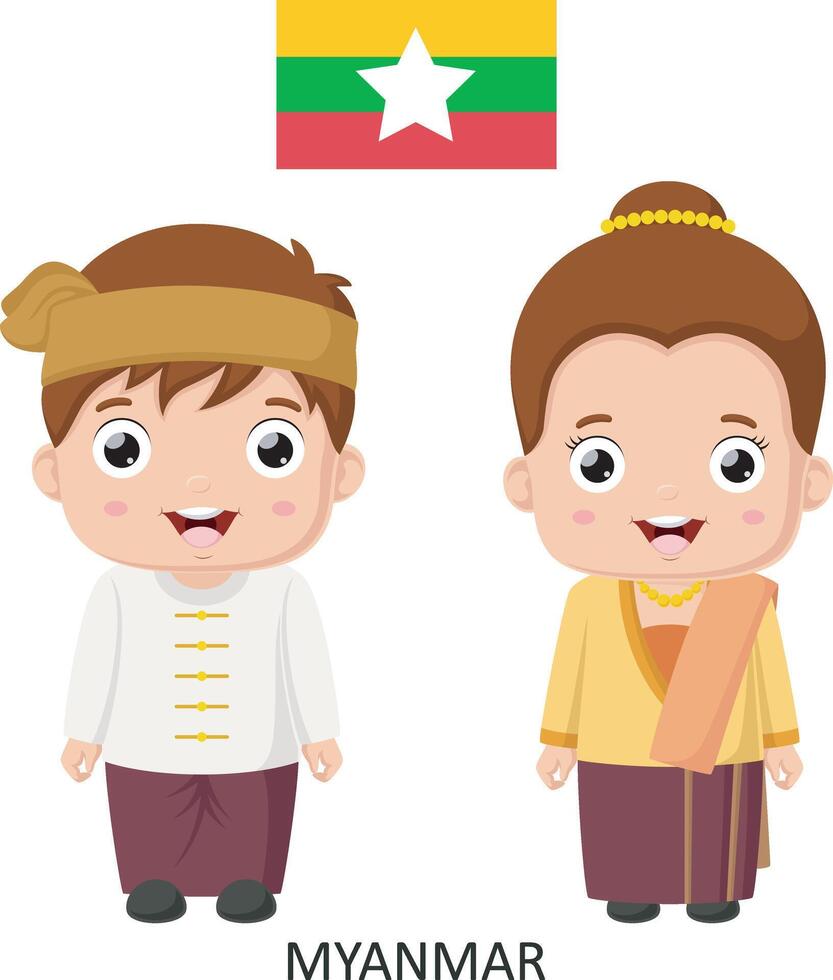 Cute myanmar boy and girl in national clothes vector