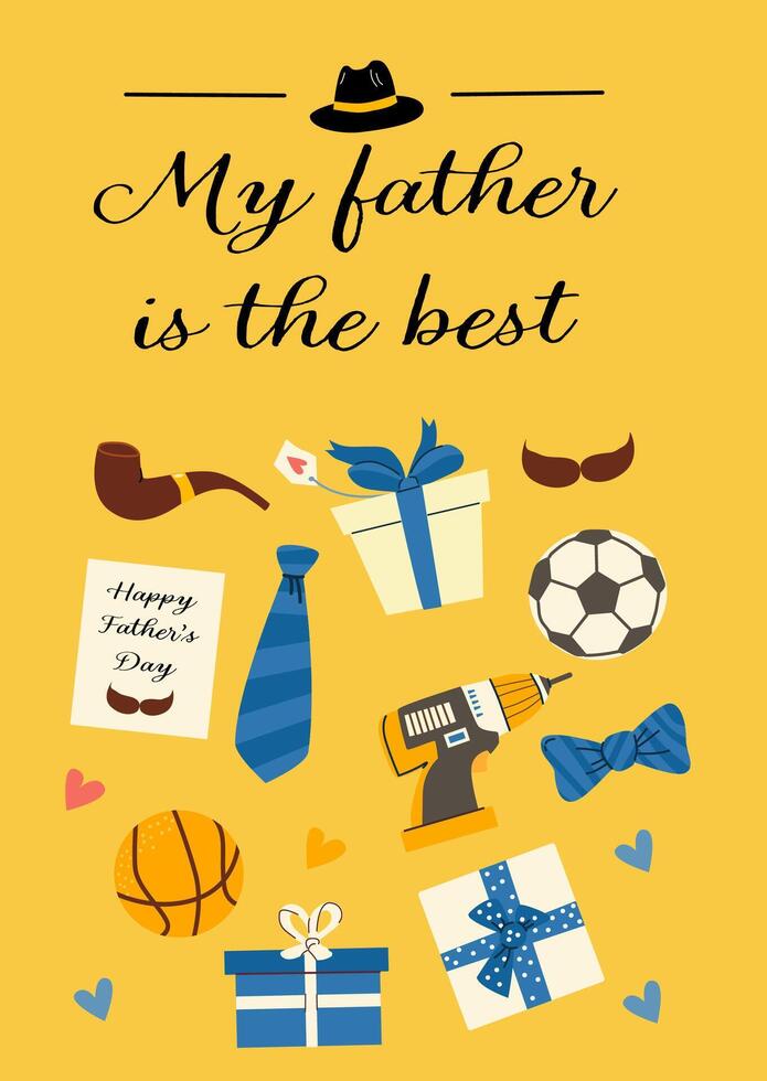 Father's day card design featuring sports, gifts, and tools vector