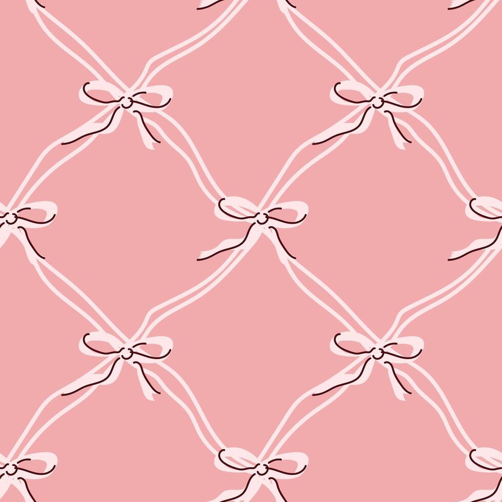 Seamless pink and white ribbon bow pattern on diagonal grid background vector