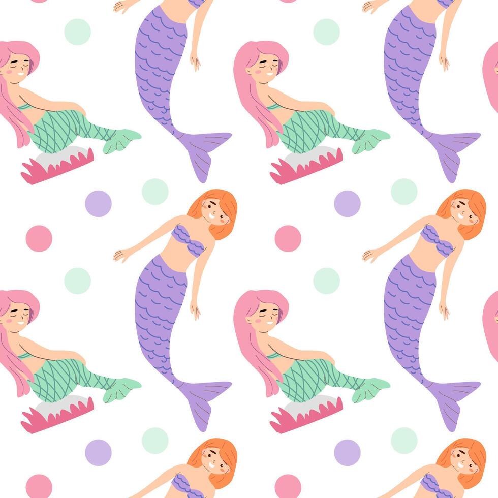 Colorful mermaid pattern with pastel dots - whimsical ocean fantasy design vector
