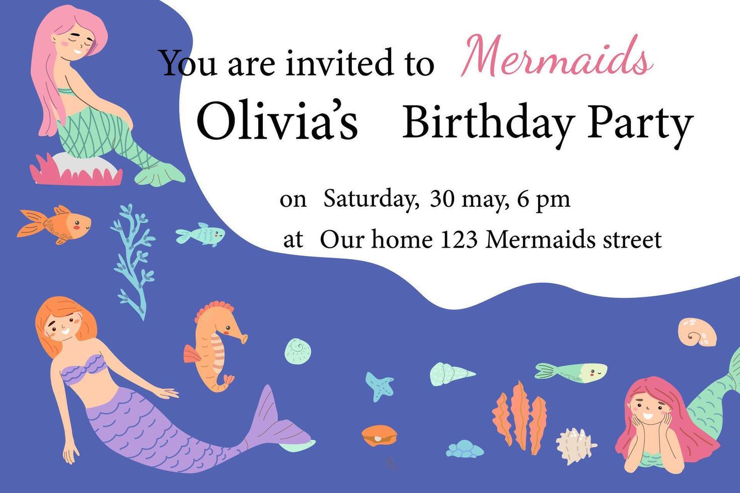 Mermaid-themed birthday party invitation with colorful underwater scene vector