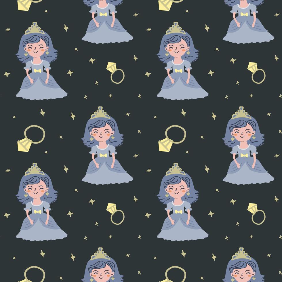 Whimsical princess pattern with crowns rings and star accents for childrens textiles vector