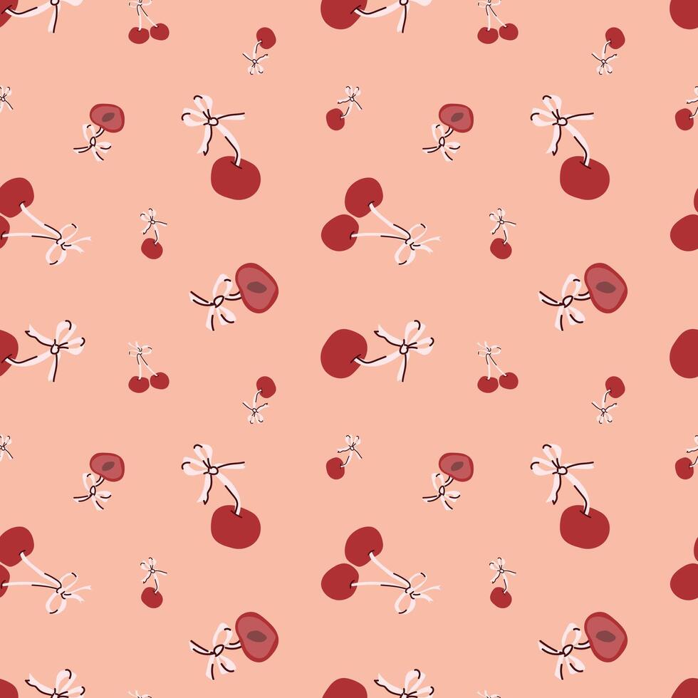 Seamless pattern of red cherries on light peach background vector