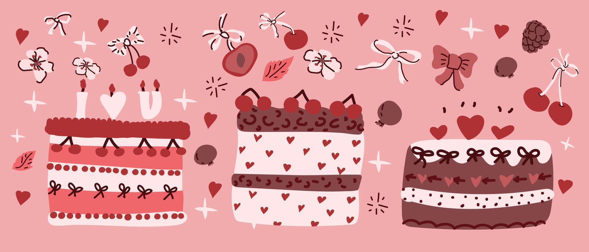 Decorative cakes with hearts and cherries on a pink background vector