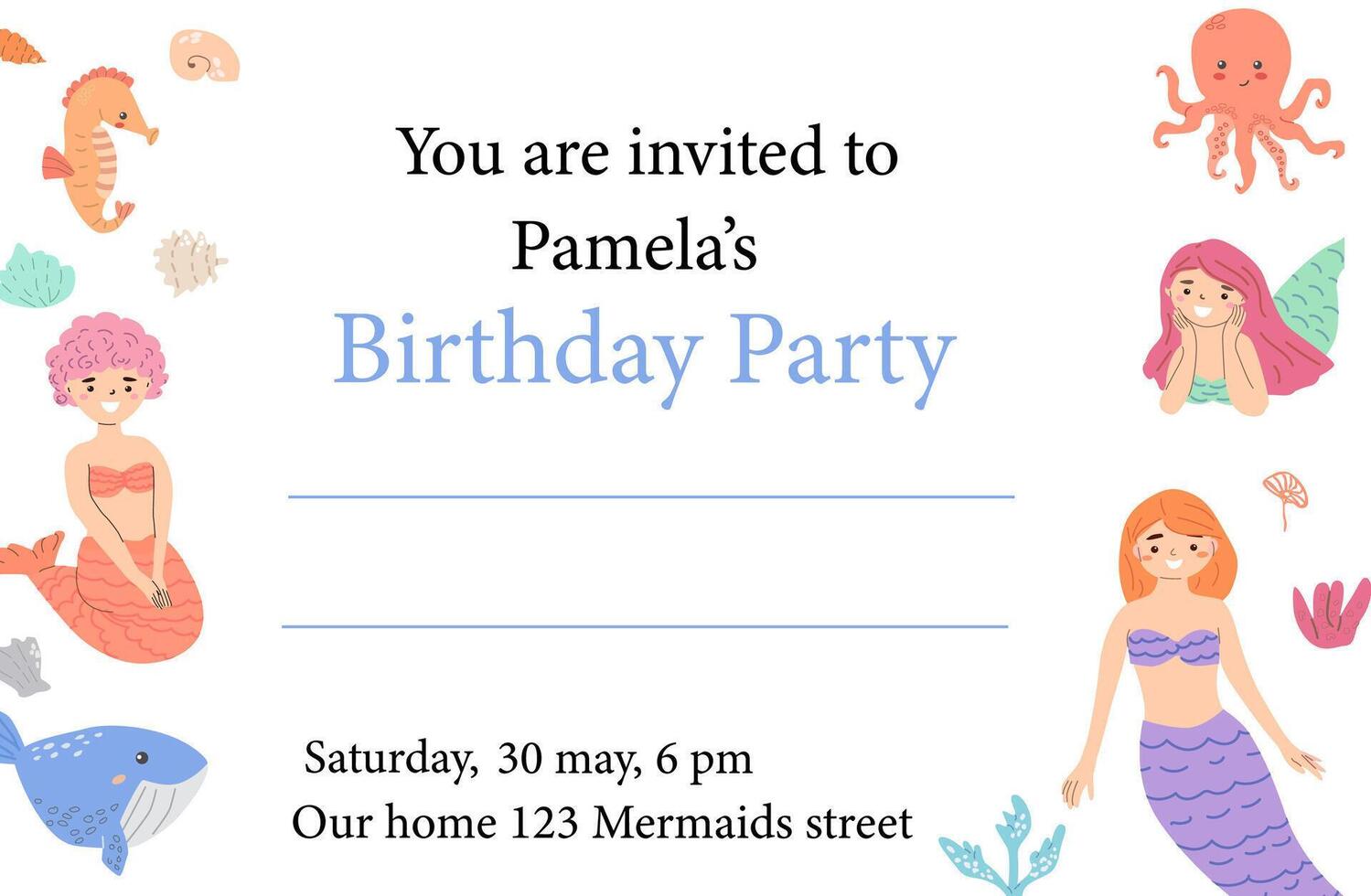 Mermaid-themed birthday party invitation with colorful sea creatures vector