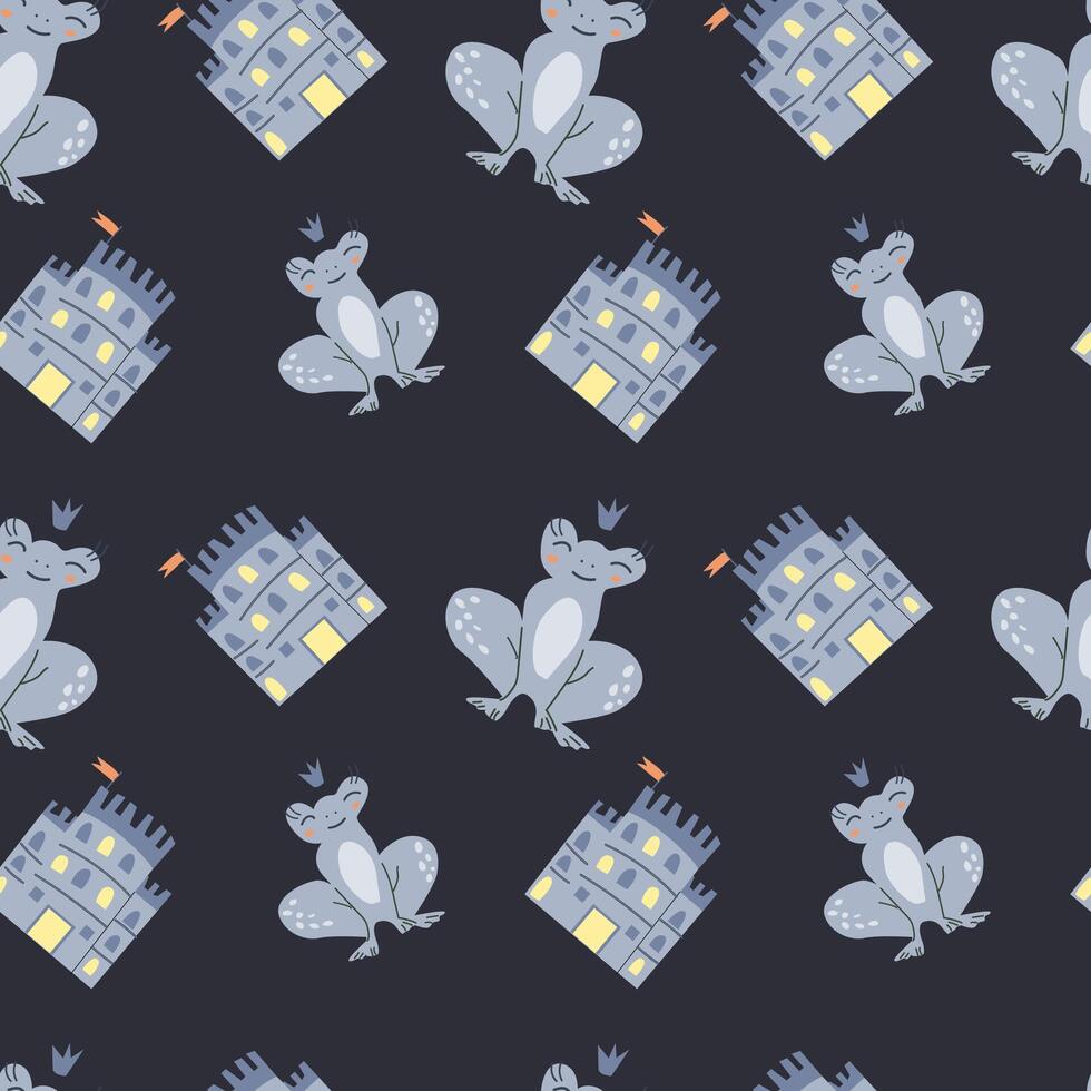 Fairy tale pattern with frogs and castles for childrens design vector