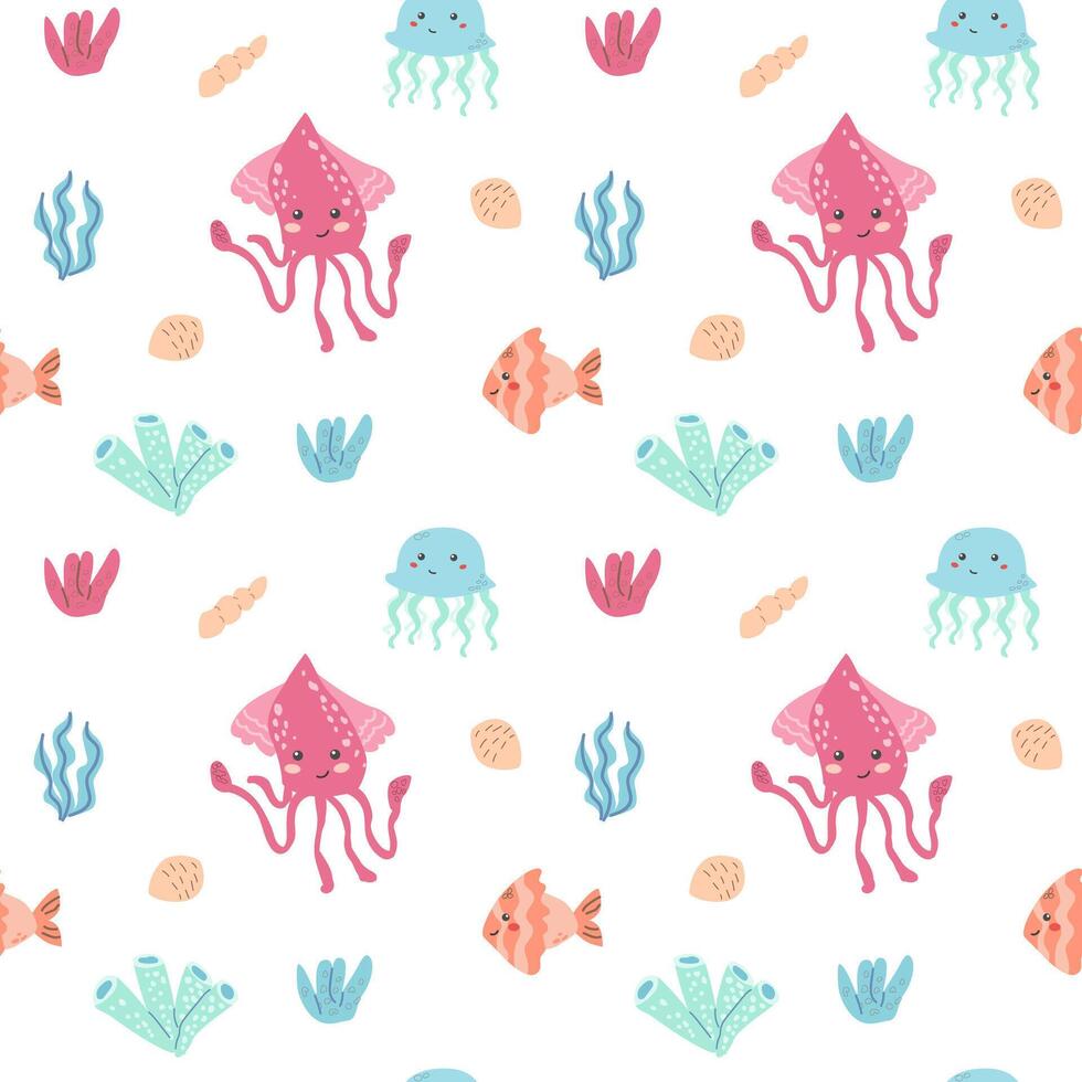 Cute marine creatures pattern with squid, jellyfish, and fish on white background vector