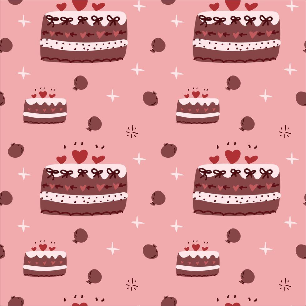 Seamless pink cake pattern with hearts and berries vector
