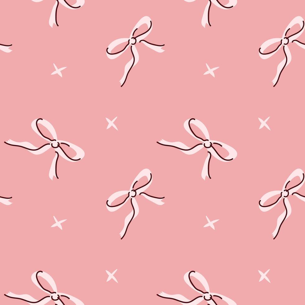 Pink pattern with cute bows and stars on soft background vector