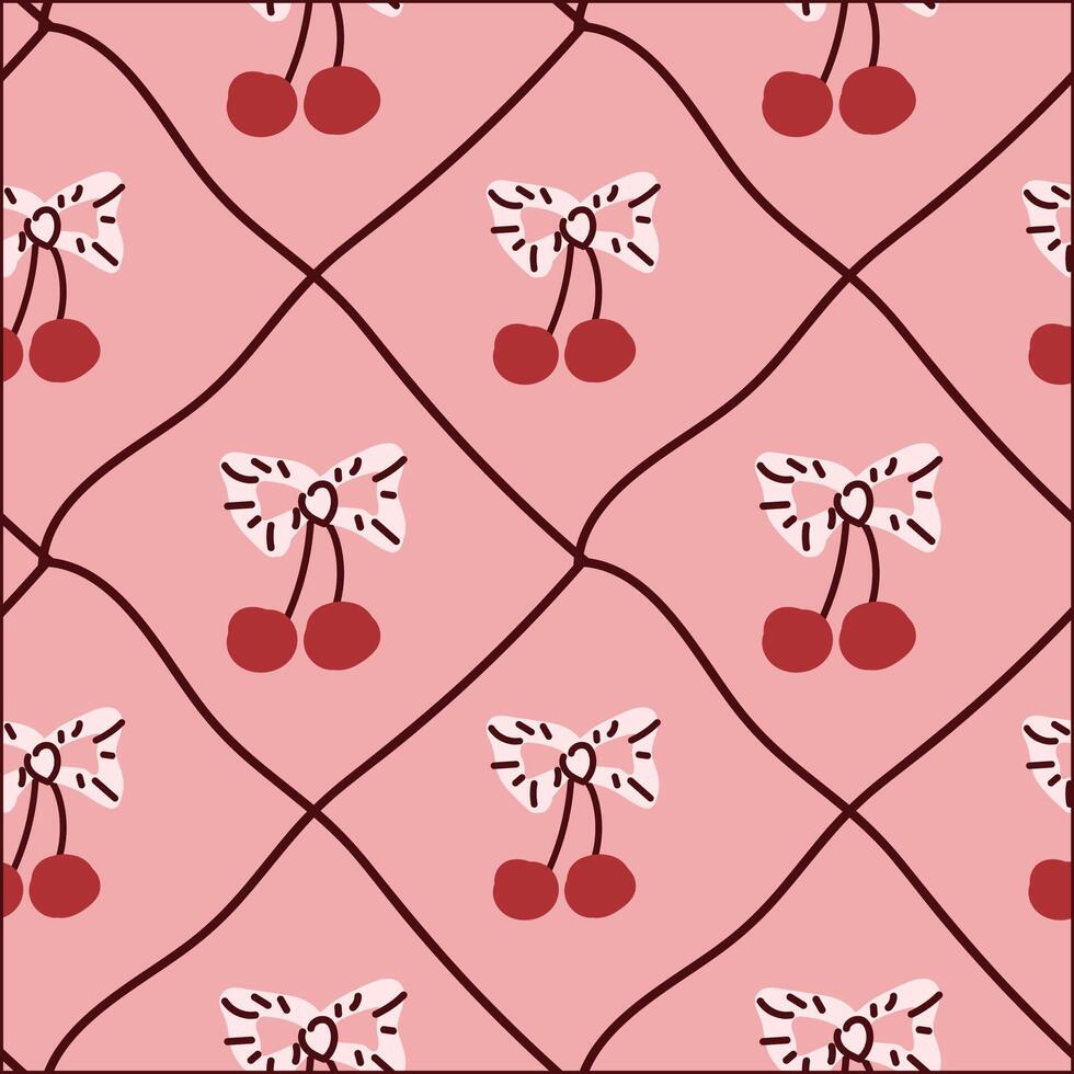 Retro pink cherry and bow pattern on diamond background vector