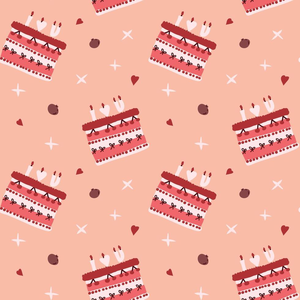 Seamless pattern of decorated cakes and hearts on peach background vector