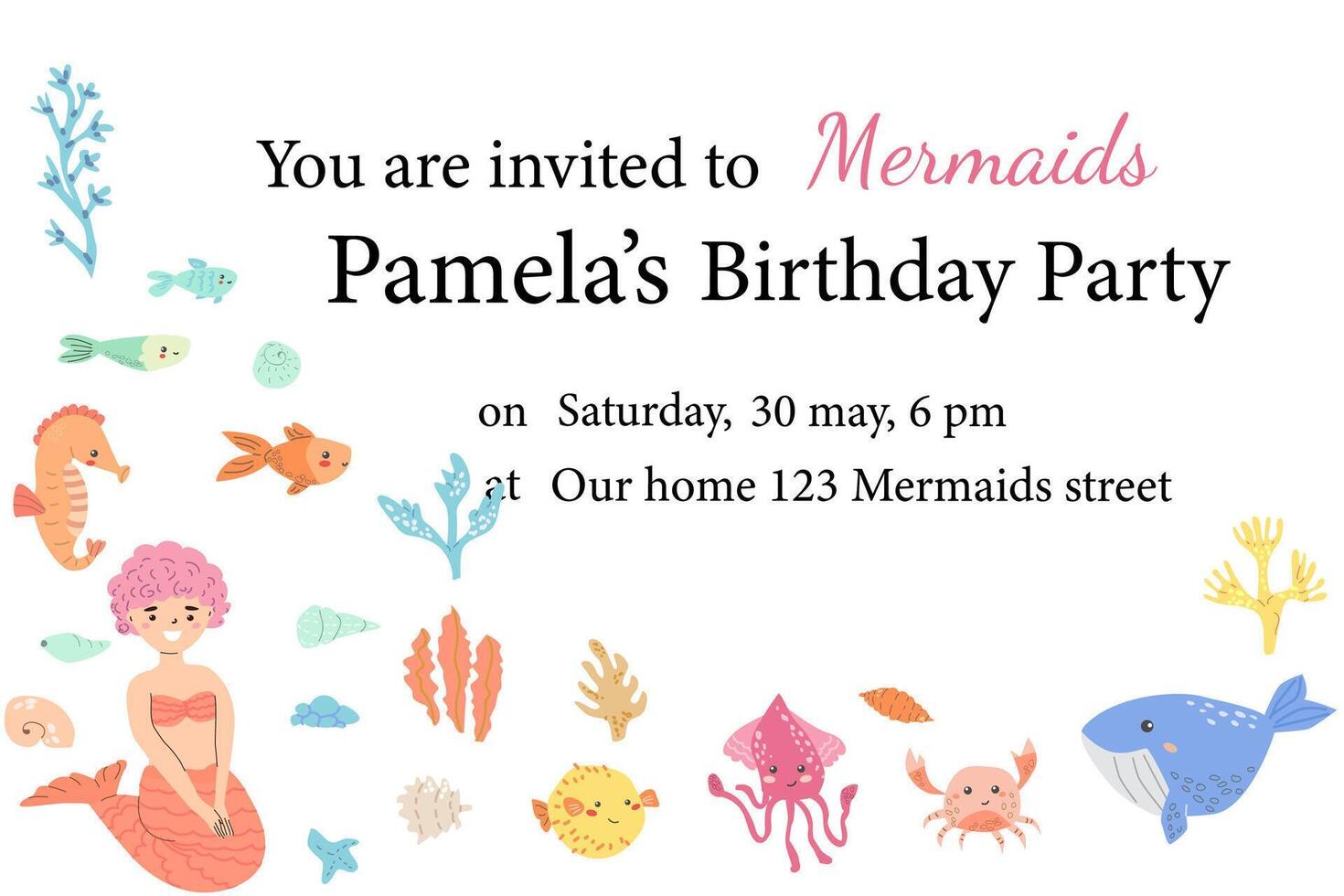 Mermaid-themed birthday invitation with underwater cartoon characters vector