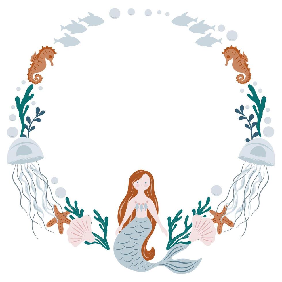 Circle Template with sea elements . Mermaid, jellyfish, fish, algae. Fairy tale marine border for posters or nautical borders, background for invitation or greeting cards vector