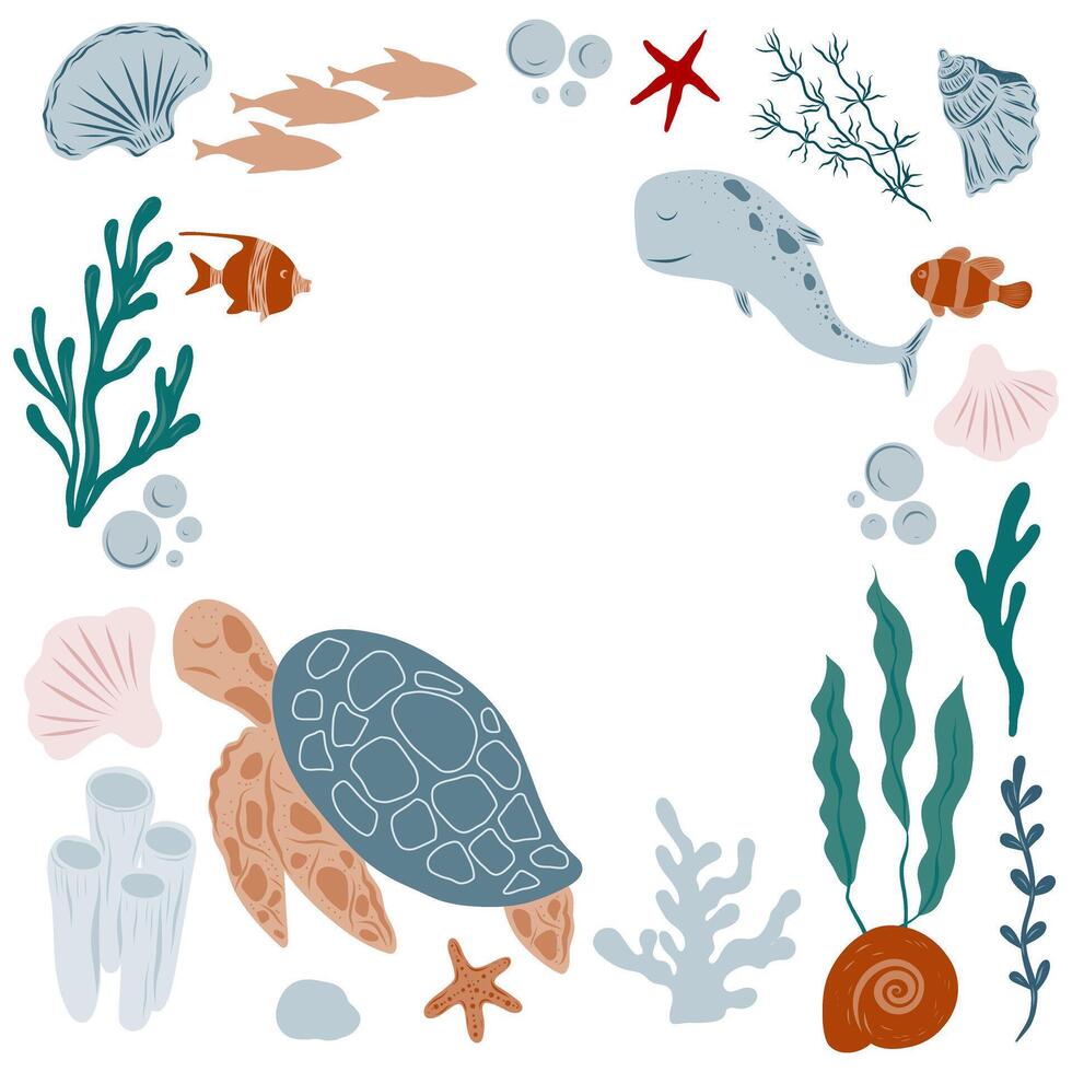 Template with sea turtle, fish, whale and ocean elements. Marine Background for invitation or greeting cards. Illustration of underwater Frame vector