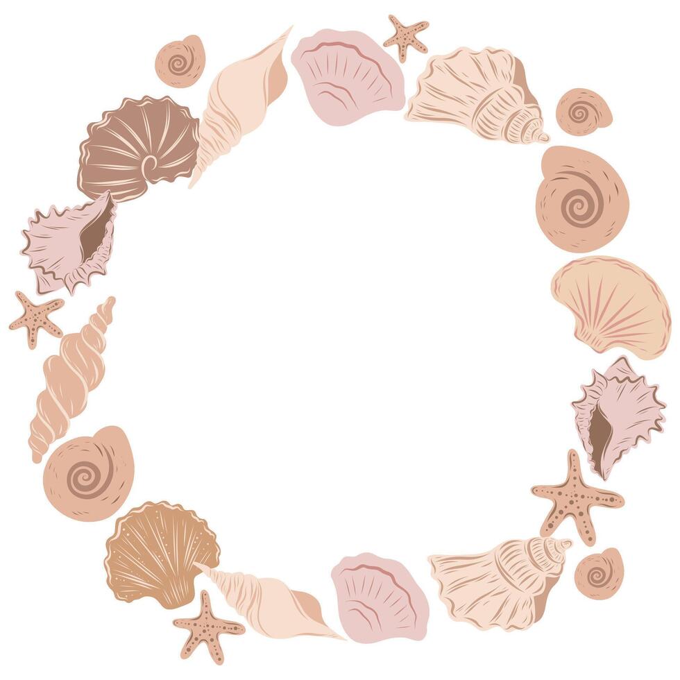 Circle Template with seashells. Hand drawn Illustration of seabed background for invitation or greeting cards. Marine border for posters or nautical borders in beige colors vector