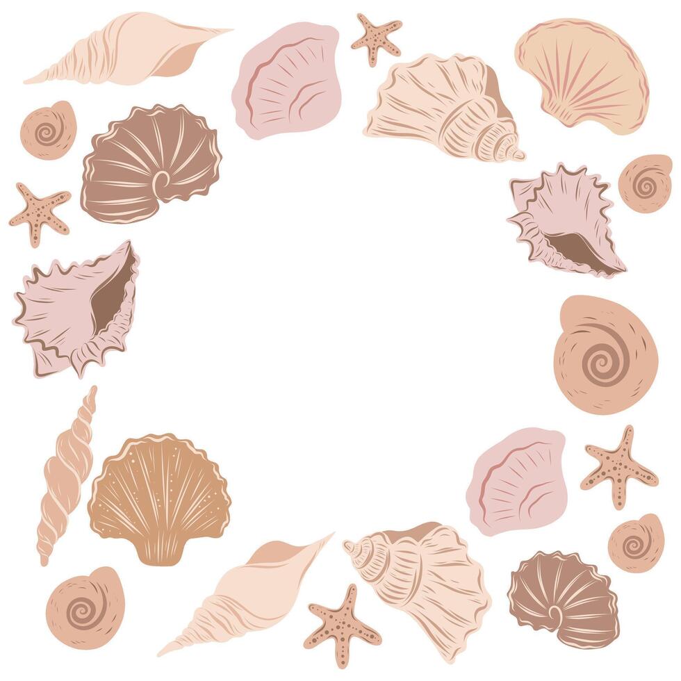 Beige Template with seashells. Hand drawn Illustration of seabed background for invitation or greeting cards. Marine border for nursery posters or nautical borders vector