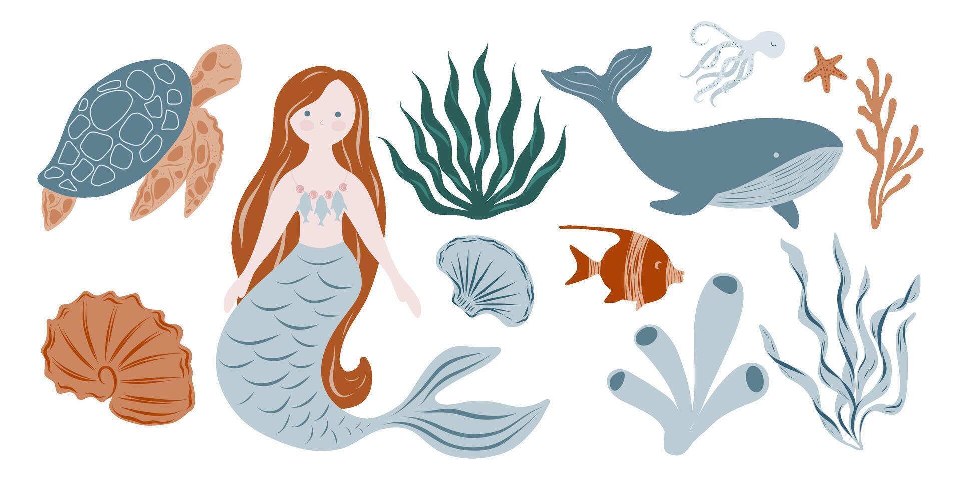 Nautical set, mermaid,sea turtle, whale, fish, coral, algae and sea elements. Underwater Set for cards, designs, invitations in nautical style vector