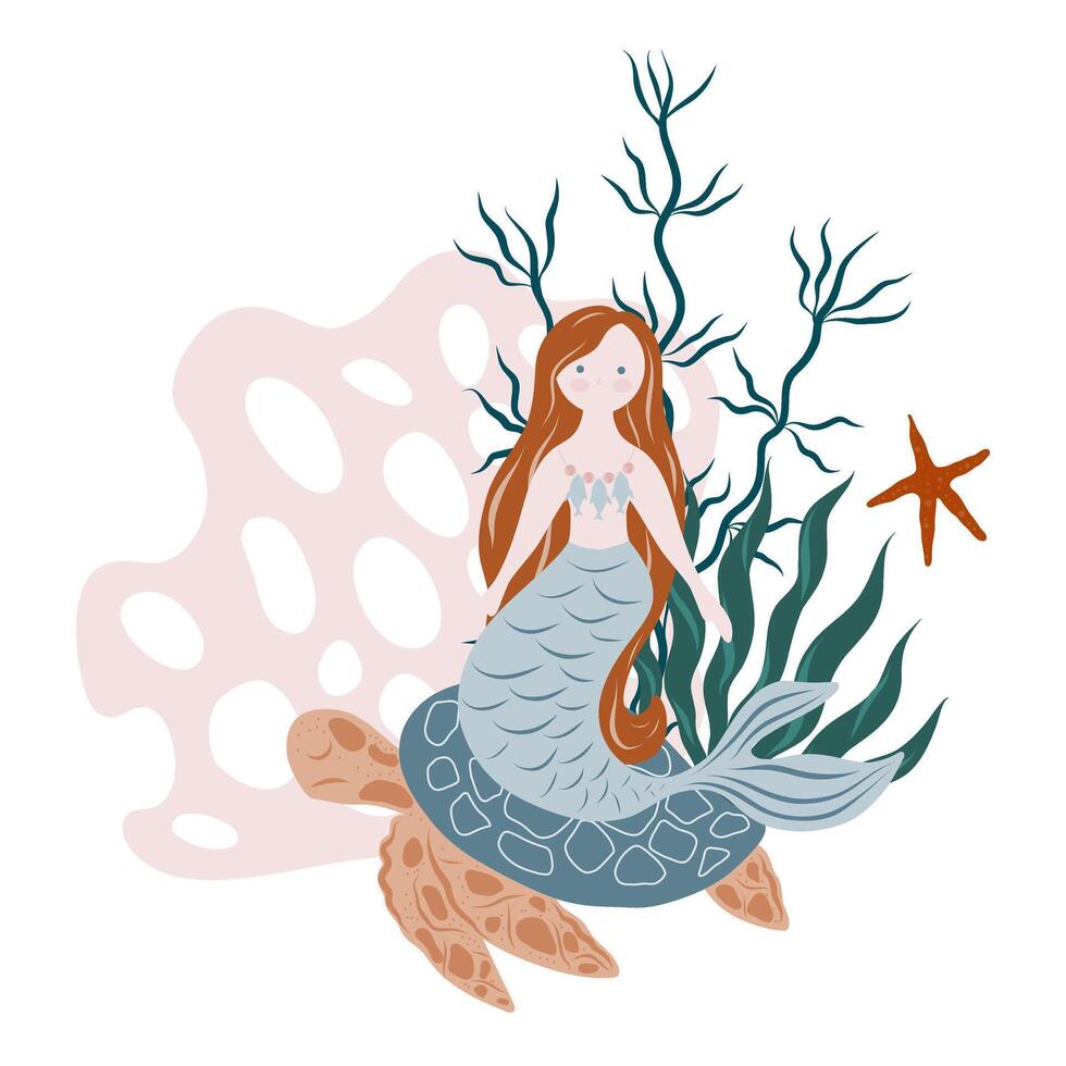 Cute mermaid sitting on a turtle underwater. illustration for kids cards, designs, invitations vector