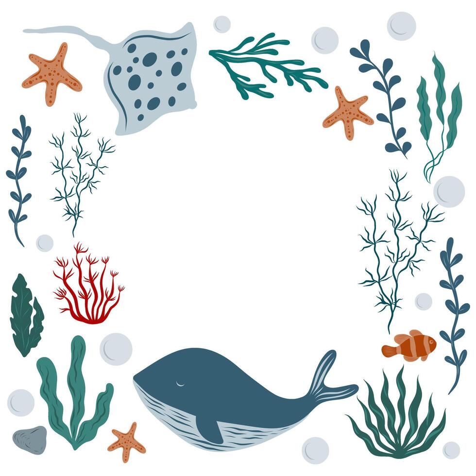 Hand drawn Template with stingray, fish, whale and ocean elements. Marine Background for invitation or greeting cards. Illustration of underwater Frame vector