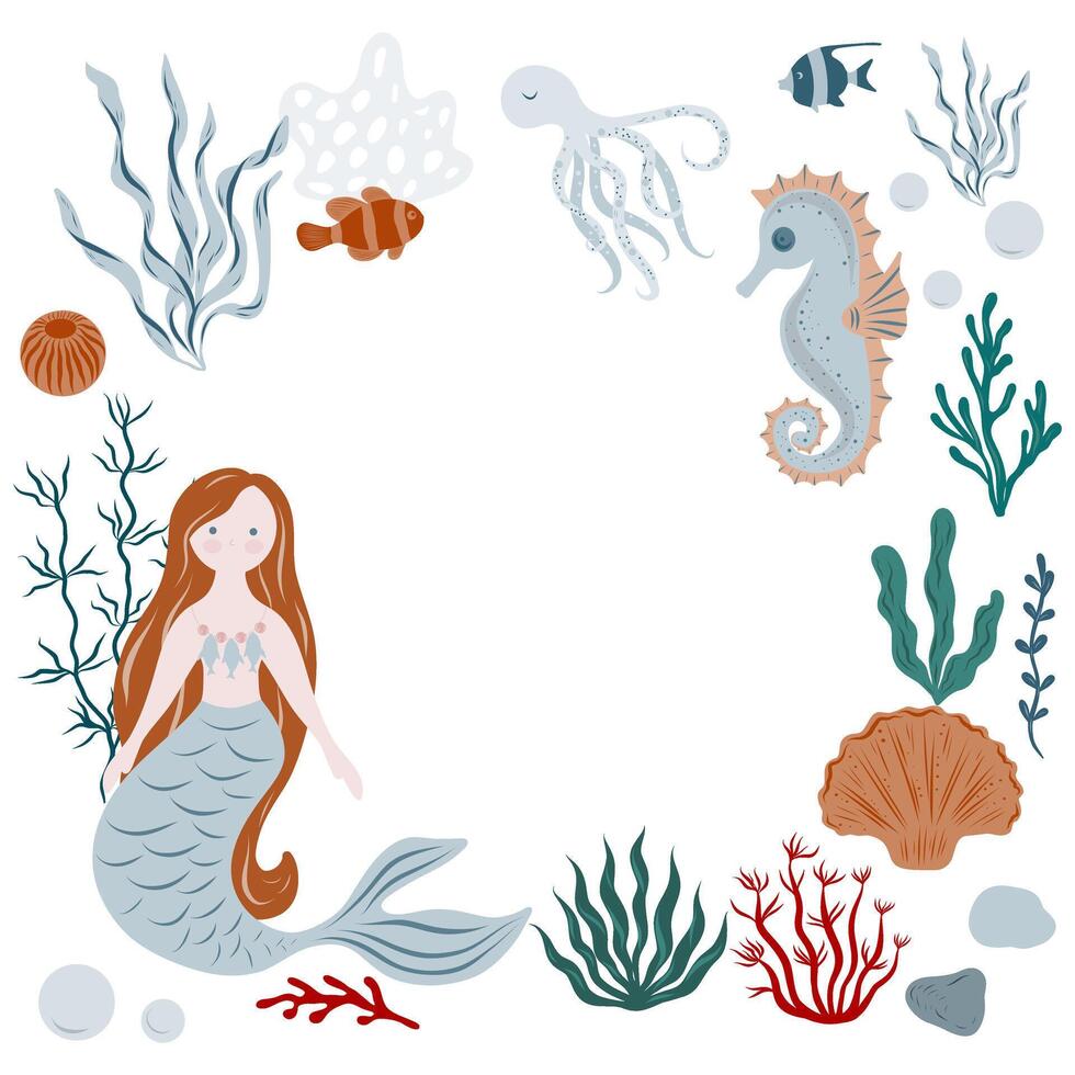 Template with mermaid, octopus, sea horse and ocean elements. Marine fairytale Background for invitation or greeting cards. Illustration of underwater Frame vector