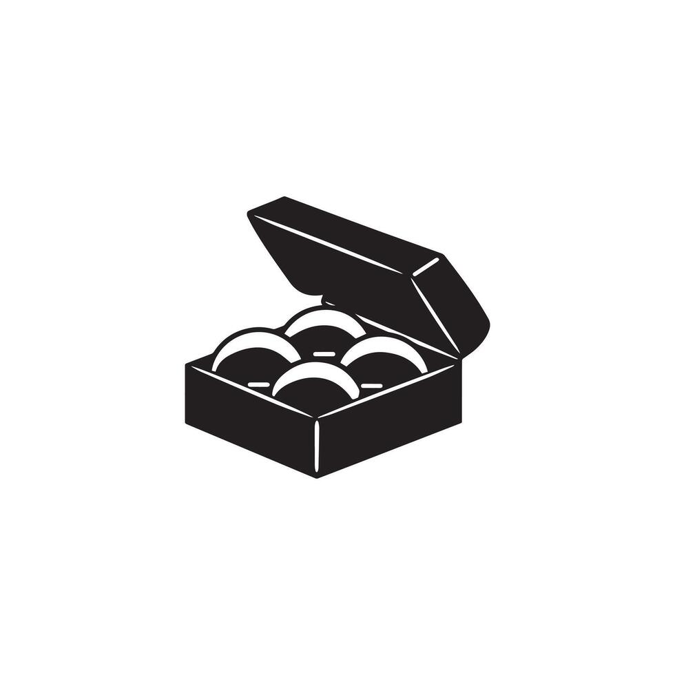 A black and white illustration of a box of sushi with a removable lid, containing several pieces of sushi and a small serving of soy sauce. vector