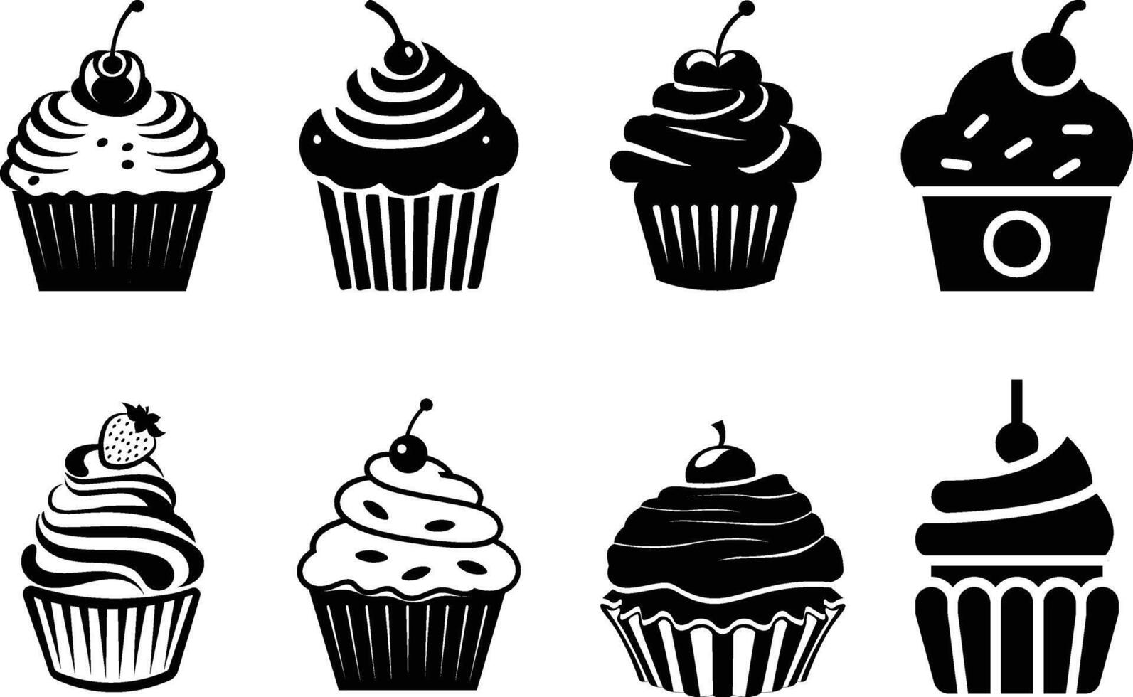 A Set of Cup Cake with Cherry Silhouette Art Design vector