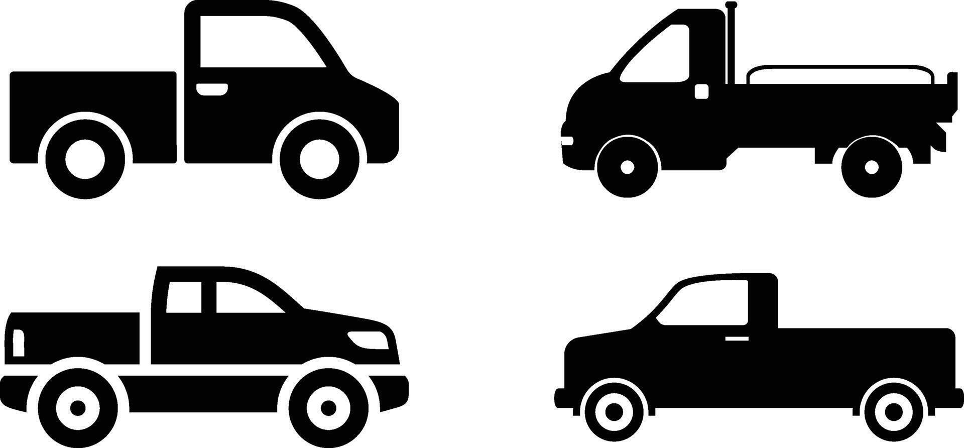 Set of Pickup Truck Side View Black Silhouette Illustration. vector