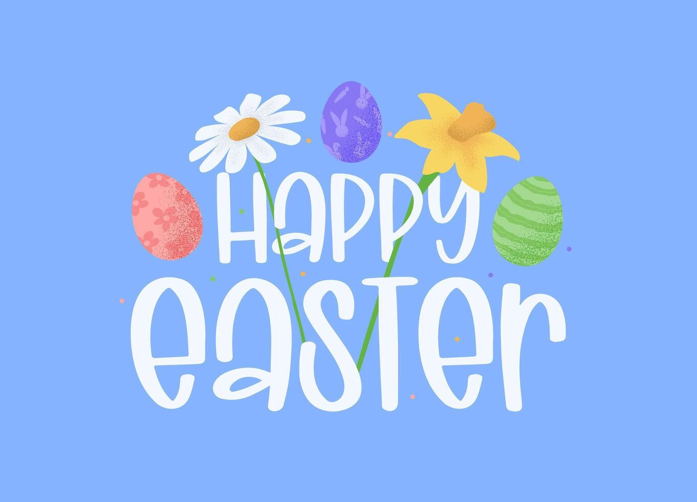 Happy Easter colorful lettering. Happy Easter, egg, spring flowers and grass symbols, logo, badges and lettering design on blue background vector