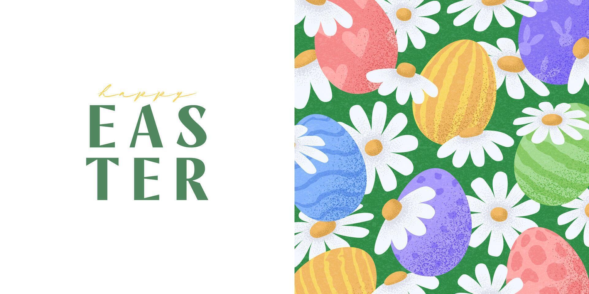 Easter banner template. A creative Happy Easter illustration with green filed flower and eggs. Perfect for holiday backgrounds, party designs, celebrations, branding, ads, covers, cards vector