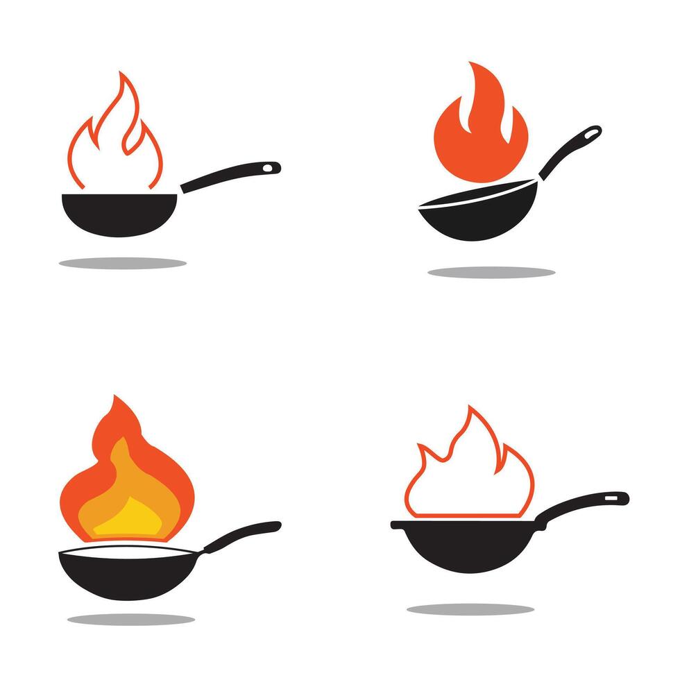 Frying Pan with Fire Icon Set - Cooking Flame Illustration vector