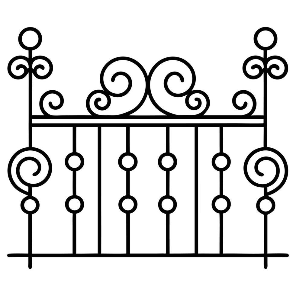a black and white drawing of a wrought iron fence vector
