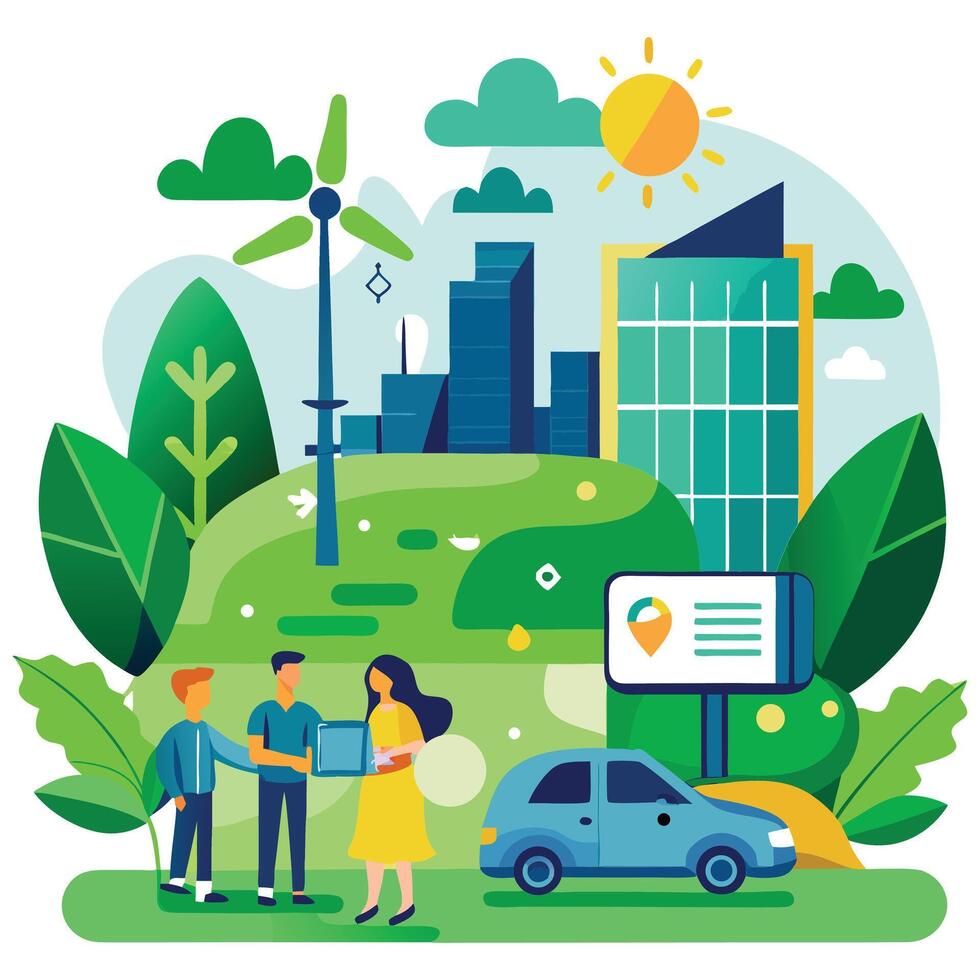 people are standing near a car and a wind turbine vector