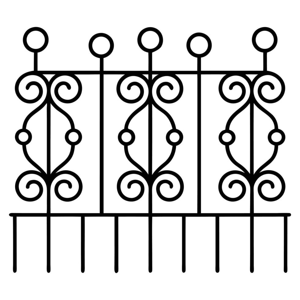 a black and white illustration of a wrought iron fence vector