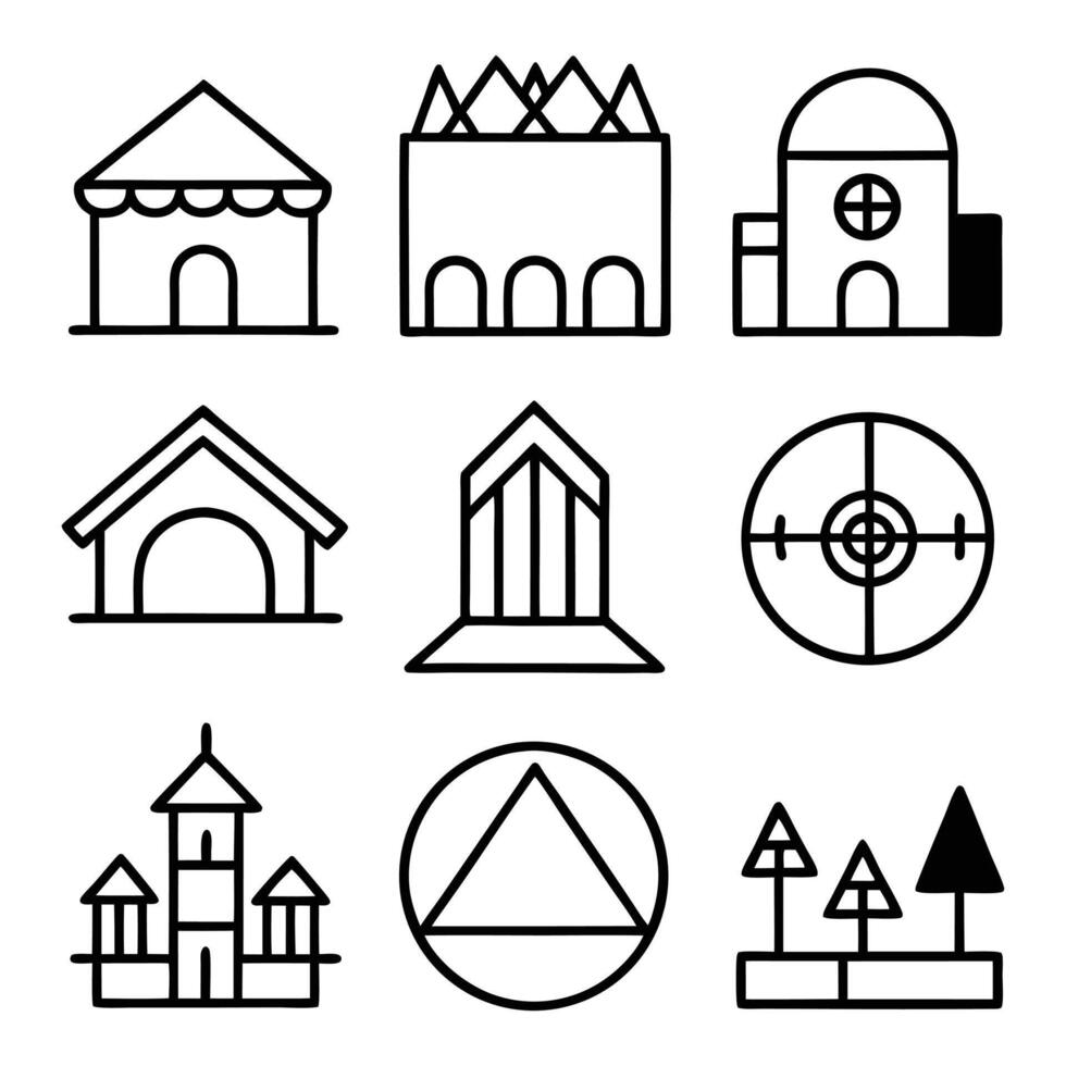 a set of icons depicting various buildings and other objects vector