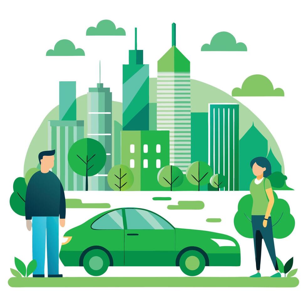 a man and woman standing next to a car in front of a city vector