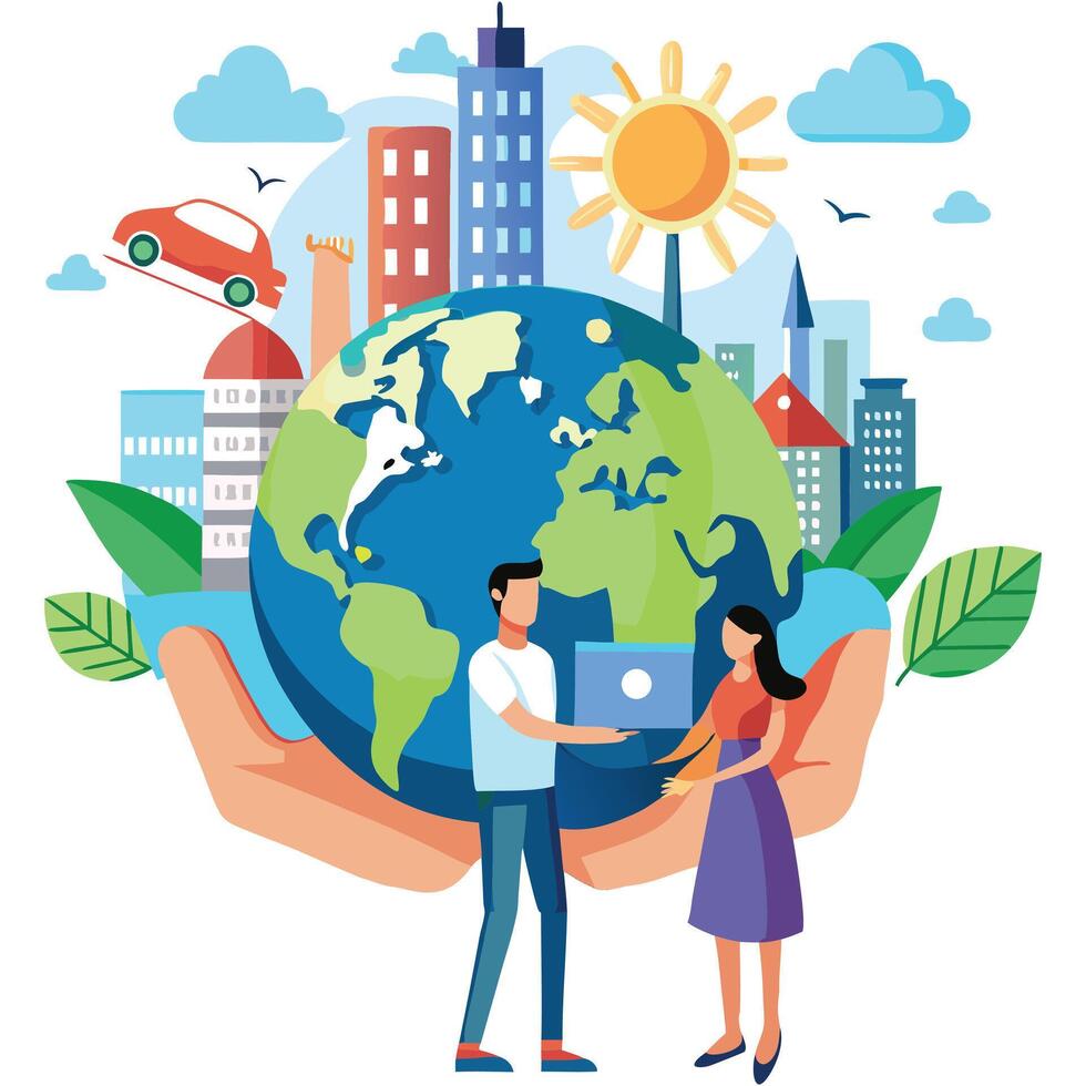 people holding laptop and city on the background vector