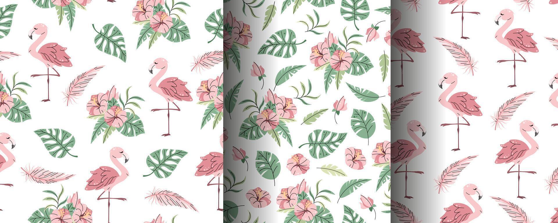 Set of seamless patterns with cute flamingos in flat style. Repeating background with tropical birds, hibiscus and leaves. Illustration for fabric, wallpaper, wrapping paper, scrapbooking vector