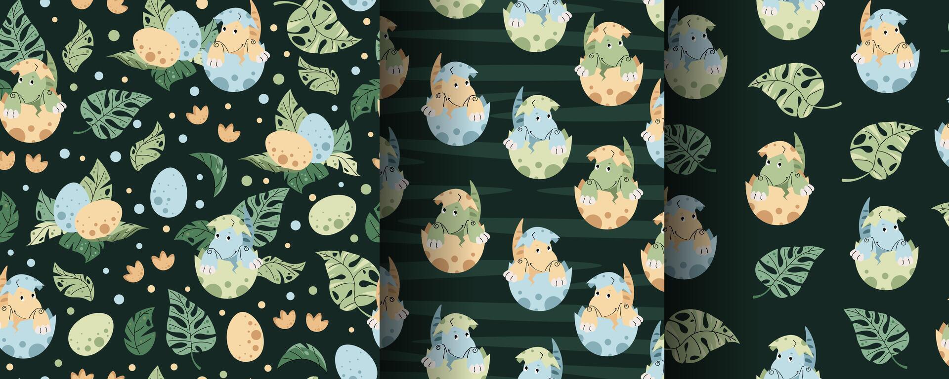Set of Seamless patterns with cute dinosaurs in an egg in flat style. Endless texture with hatched baby dinosaur and tropical plants. Childish background for fabric, wallpaper, wrapping paper vector