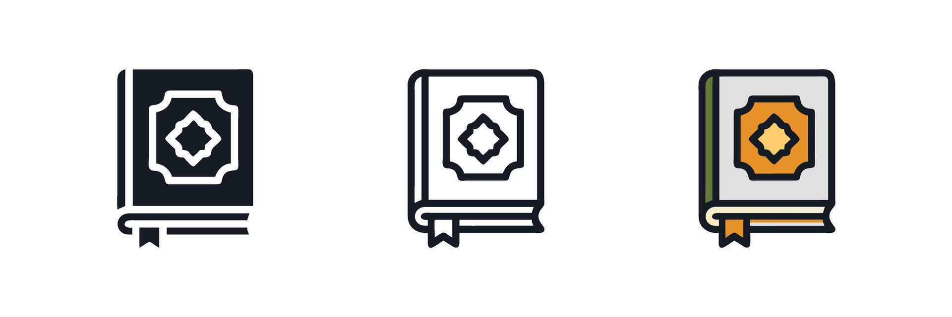 A Quran icon set in glyph line and color styles representing the holy book in Islamic culture and faith vector