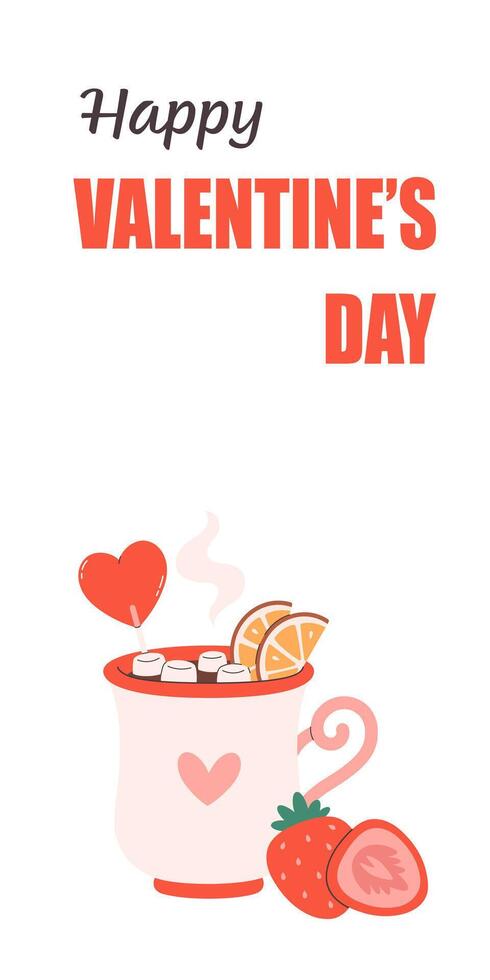 Happy Valentines Day greeting card with holiday hot drinks with festive topping. vector