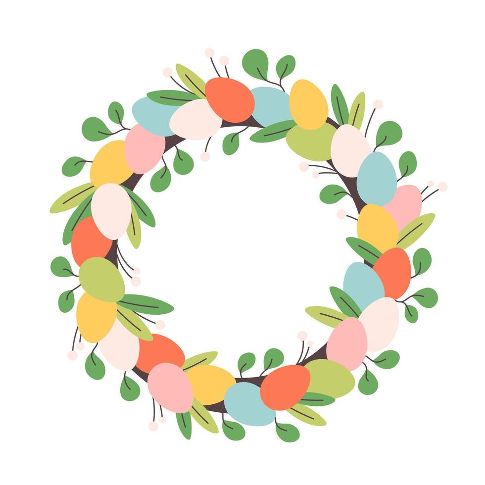 Easter wreath with decorative colorful eggs and green leaves. vector