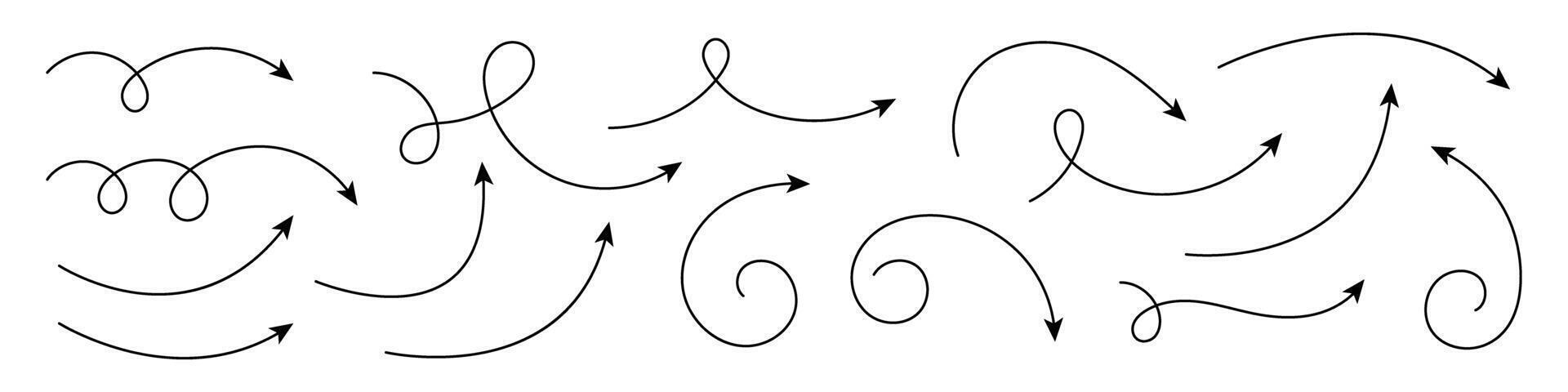 Hand drawn curved arrows with thin line. Set of hand drawn arrows. vector