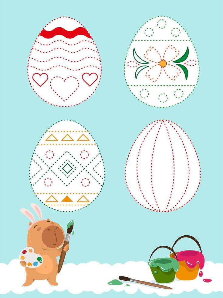 Easter writing practice with cute capybara. Easter eggs drawing. Education developing worksheet. Activity page. vector