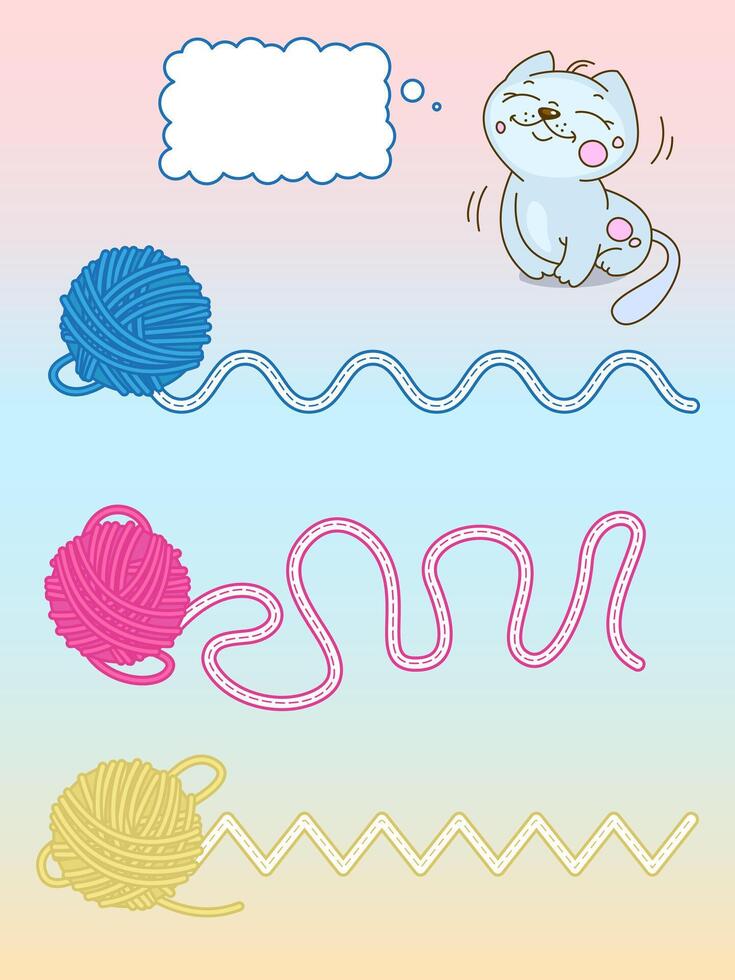 Writing practice illustration. Cute kawaii kitty with ball of thread. Writing lessons for kids. Preschool education vector