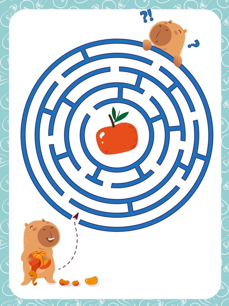 Labyrinth. Maze game for children. Help cute capybara get to tangerine. Preschool education. Kids book page vector