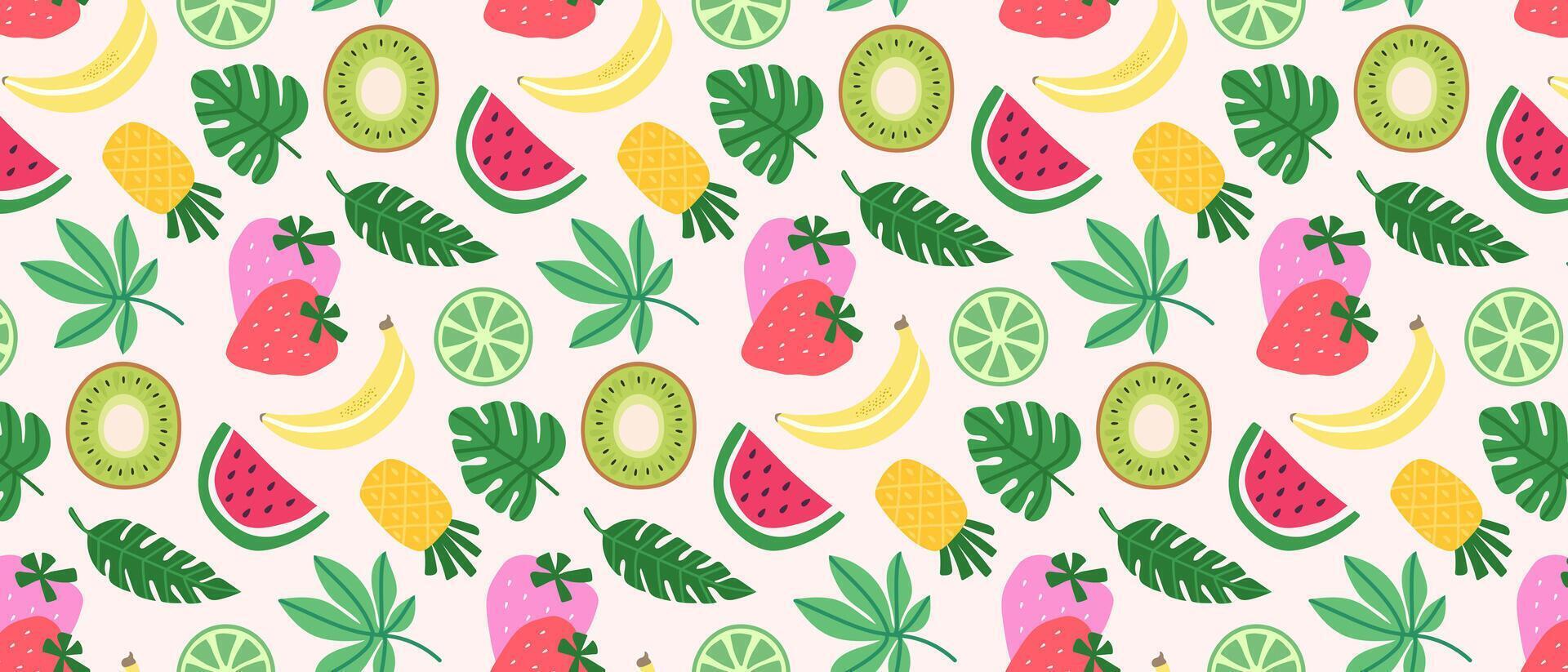 Seamless pattern of colorful fruits, berries and tropical leaves. Summer print with hand drawn fruits. vector