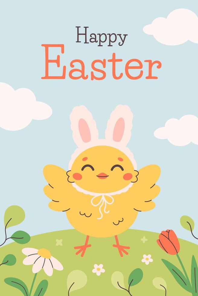 Happy Easter greeting card with cute chick in bunny ears costume on spring meadow. Design for cards, posters, banners vector