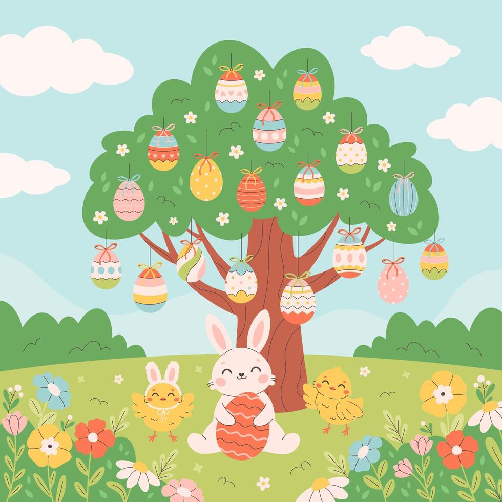 Tree with colorful Easter eggs, bunny, chicks on spring meadow. Spring landscape. Design for greeting cards, posters, banners. vector