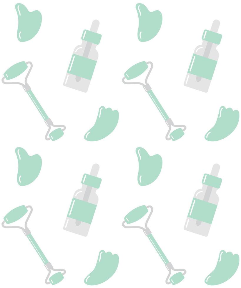 Seamless pattern of flat cartoon mint green stone massage roller gua sha and oil bottle isolated on white background vector